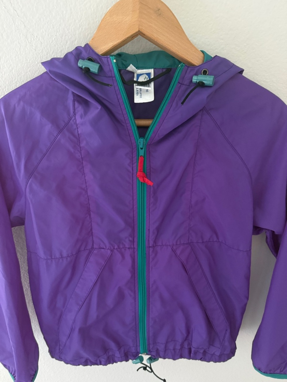 Vintage 90’s Purple Hooded Windbreaker with Teal Zipper Trim and Bungees Youth L - Picture 2 of 7